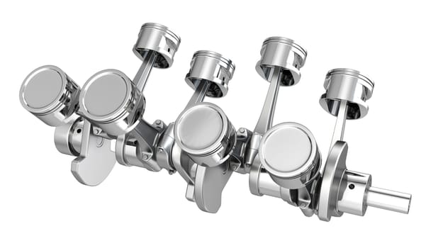 V8 engine pistons on a crankshaft, isolated on white background