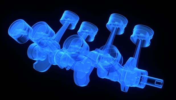 V8 engine pistons on a crankshaft, blue x-ray version on black background