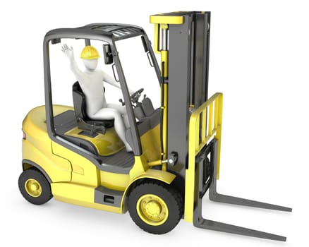 Abstract white man in a fork lift truck, isolated on white background