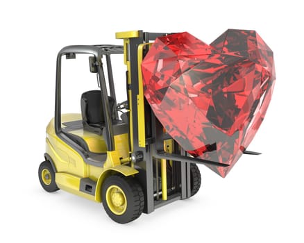 Fork lift truck lifts heart cut ruby, isolated on white background