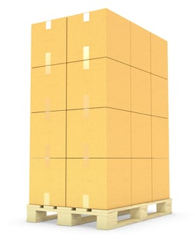 Stack of cardboard boxes on a pallet isolated on white background