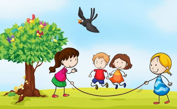 illustration of kids and a tree in a beautiful nature