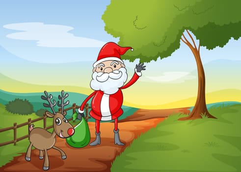 illustration of a santa claus and a reindeer in a beautiful nature