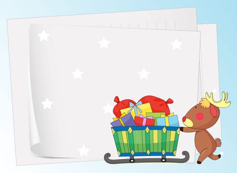 illustration of paper sheets and a reindeer on a color background