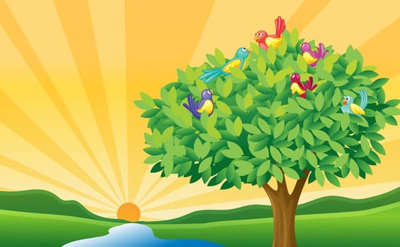 illustration of a river and a sun in a beautiful nature