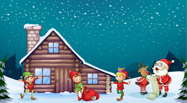 illustration of a santa clause, kids and a reindeer in nature