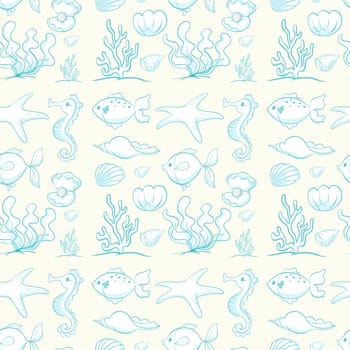 illustration of various sea animals and plants on white background