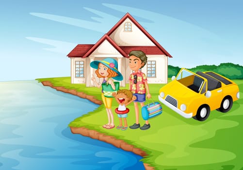 illustration of a girl, a boy and a car in a beautiful nature