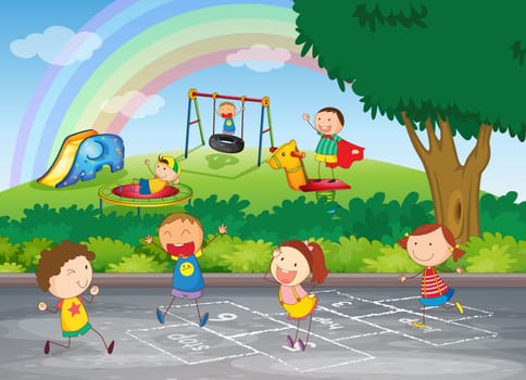 illustration of kids playing in a beautiful nature