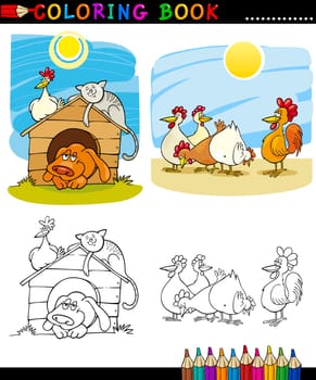 Coloring Book or Page Cartoon Illustration of Funny Farm and Companion Animals for Children Education