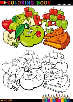 Coloring Book or Page Cartoon Illustration of Funny Food Characters Apples and Pie Cakes for Children Education