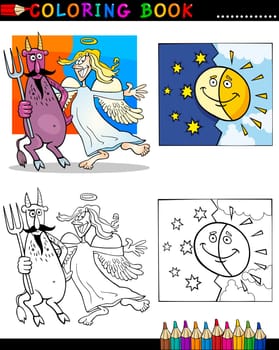 Coloring Book or Page Cartoon Illustration of Devil and Angel with Sun and Moon Characters