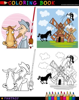 Coloring Book or Page Cartoon Illustration of Don Quixote and his Horse Fairytale Characters