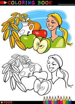 Coloring Book or Page Cartoon Illustration of Healthy Breakfast Food like Fruits and Milk and Oat for Children Education