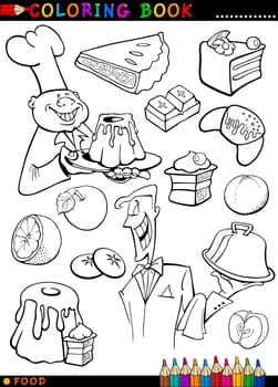 Coloring Book or Page Cartoon Illustration of Sweet Food like Cakes and Cookies and Buns with Cook and Waiter for Children Education