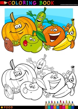 Coloring Book or Page Cartoon Illustration of Funny Food Characters Fruits and Vegetables for Children Education