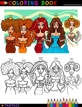 Coloring Book or Page Cartoon Illustration of Five Princesses or Queens Fairytale Characters
