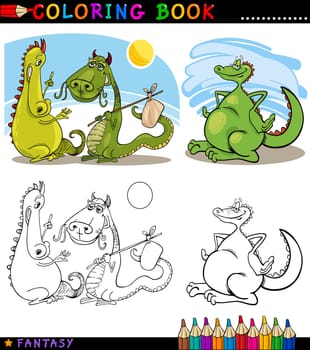 Coloring Book or Page Cartoon Illustration of Dragons Fairytale Characters