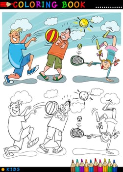 Coloring Book or Page Cartoon Illustration of Boys playing Ball and Little Girl playing Tennis
