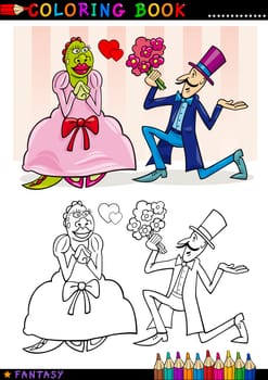 Coloring Book or Page Cartoon Illustration of Man making a Proposal to Monster Lady Fairytale Characters