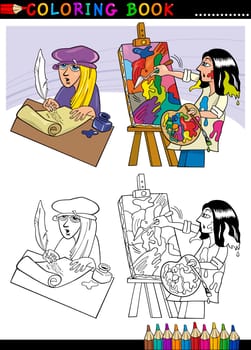 Coloring Book or Page Cartoon Illustration of Poet writing poem and Painter painting Oil Picture