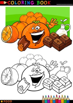 Coloring Book or Page Cartoon Illustration of Funny Food Characters Oranges and Chocolate Pieces for Children Education