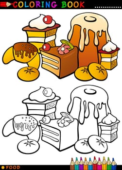 Coloring Book or Page Cartoon Illustration of Sweet Food like Cakes and Cookies and Buns for Children Education