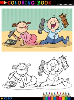 Coloring Book or Page Cartoon Illustration of Naughty Cute Babies and Children
