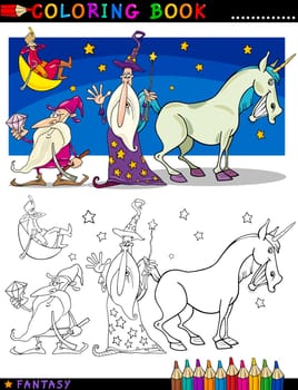 Coloring Book or Page Cartoon Illustration of Wizard and Dwarf and Unicorn Fairytale Characters
