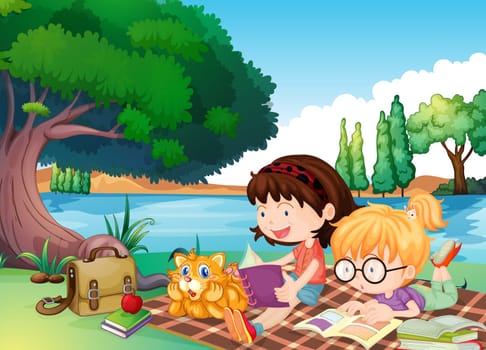 illustration of girls and a cat in a beautiful nature