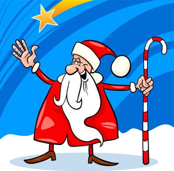 Cartoon Illustration of Funny Santa Claus or Papa Noel with Cane against Sky and Christmas Star