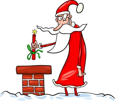 Cartoon Illustration of Malicious Funny Santa Claus or Papa Noel on the Roof with Stick of Dynamite as Christmas Present