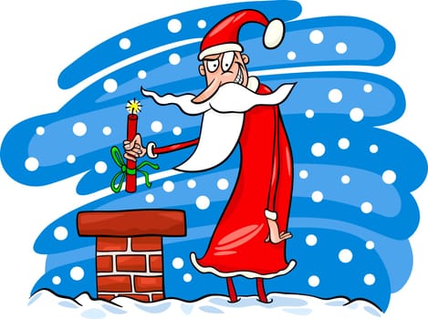 Cartoon Illustration of Malicious Funny Santa Claus or Papa Noel on the Roof with Stick of Dynamite as Christmas Present