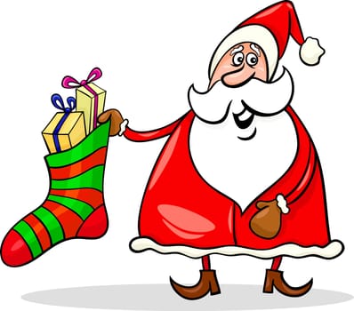 Cartoon Illustration of Funny Santa Claus or Papa Noel with Big Sock full of Christmas Presents or Gifts