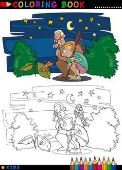 Coloring Book or Page Cartoon Illustration of Boy with his Grandfather looking at Moth