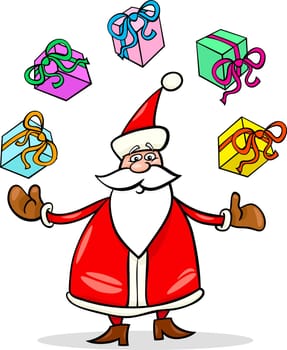 Cartoon Illustration of Funny Santa Claus or Papa Noel juggling Christmas Presents and Gifts