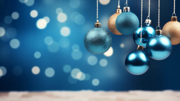 Christmas balls and toys on a blue and gold background with bokeh lights on Christmas Eve