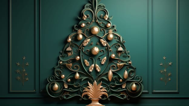 Creative and modern Christmas tree in Art Nouveau style against a green wall. Merry Christmas and Happy New Year concept