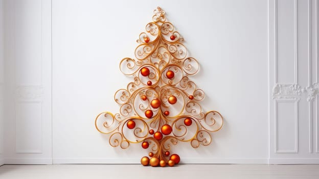 Creative and modern Christmas tree in Art Nouveau style against a white wall. Merry Christmas and Happy New Year concept