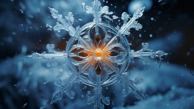 Close-up of a snowflake in a futuristic style, macro photo. Merry Christmas and Happy New Year concept