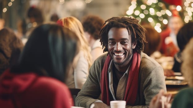 Positive black homeless African American man sitting at a table in a noisy homeless shelter cafeteria, surrounded by other people. Christmas concept