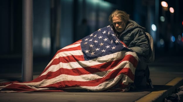 A homeless man lies on the ground on the streets of a large area covered with an American flag. Concept of poverty, misery and hunger.