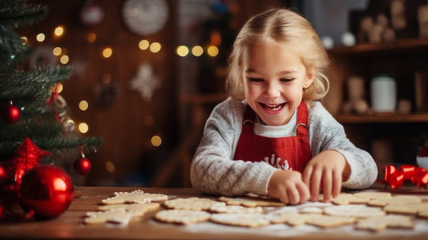Smiling child decorating Christmas cookies. Merry Christmas and Happy New Year concept