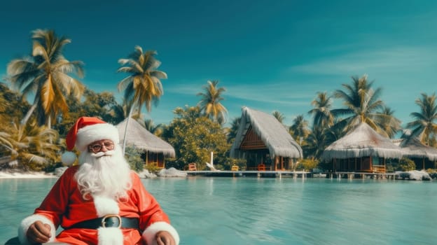 Santa Claus sits on the shore of a quiet and calm lagoon on an island with crystal clear azure water, overwater bungalows and palm trees. Merry Christmas and Happy New Year concept