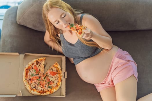 A pregnant woman enjoys a slice of pizza, savoring a moment of indulgence while satisfying her craving for a delightful, comforting treat. Excited Pregnant Young Lady Enjoying Pizza Holding Biting Tasty Slice Posing With Carton Box. Junk Food Lover Eating Italian Pizza. Unhealthy Nutrition Cheat Meal.