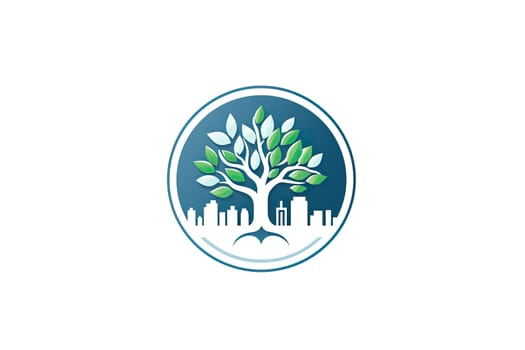 Tree logo with buildings silhouette isolated on white background.