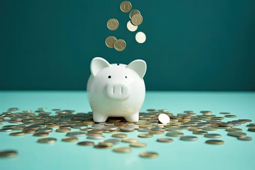 Coins falling to white piggy saving , Financial and money deposit concept.