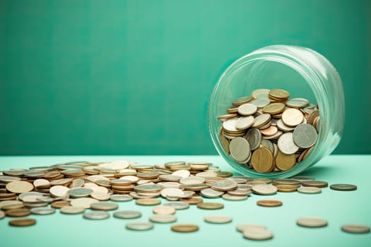 Coins spilled from a Jar isolated. Savings and investing concept.