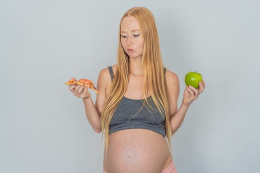 A pregnant woman faces a choice between nourishing, wholesome food and tempting fast food, highlighting the importance of healthy dietary decisions during pregnancy.