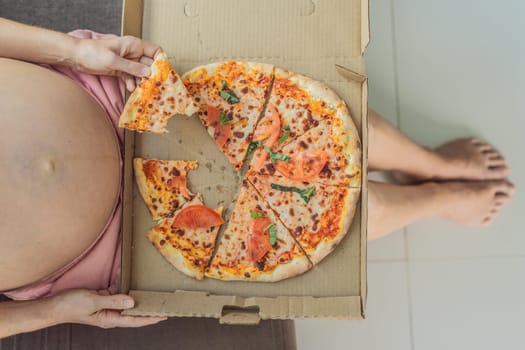 A pregnant woman enjoys a slice of pizza, savoring a moment of indulgence while satisfying her craving for a delightful, comforting treat. Excited Pregnant Young Lady Enjoying Pizza Holding Biting Tasty Slice Posing With Carton Box. Junk Food Lover Eating Italian Pizza. Unhealthy Nutrition Cheat Meal.